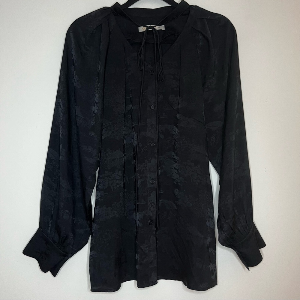 STAY REAL Silky Jaquard Flowy Boho Japanese Printed Front Buttondown Blouse Top
